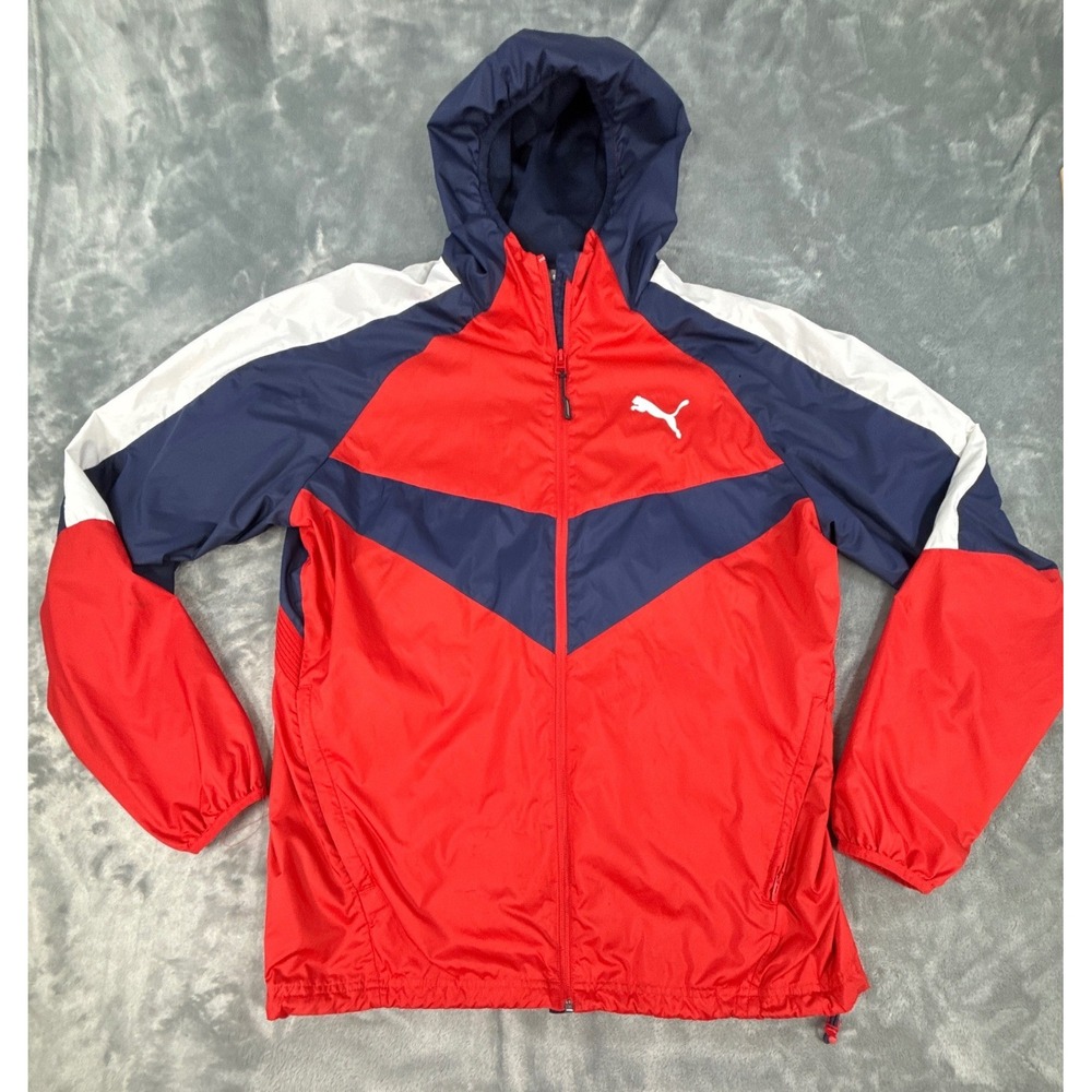 Puma Mens Colorblock Windbreaker Jacket Red Blue White Hooded Large Full Zip